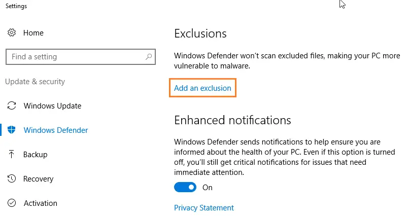Windows Defender: Add an exclusion