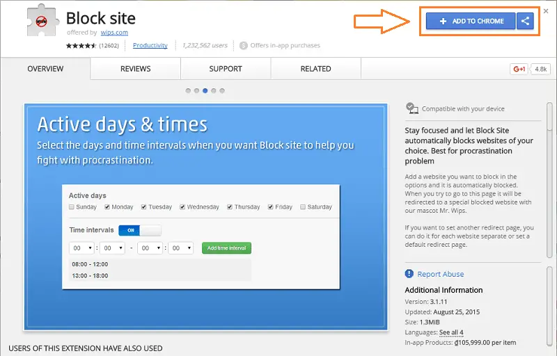 Add BLOCK SITE extension to Google Chrome browser
