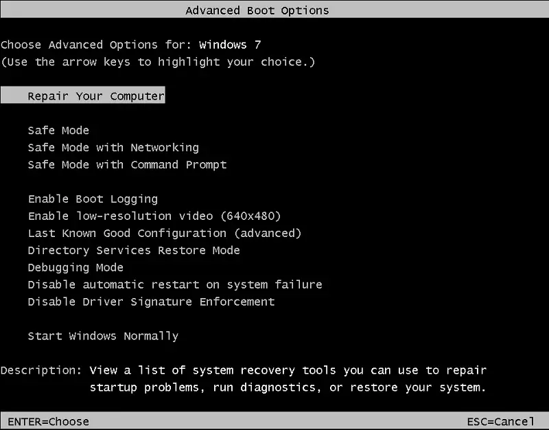 Advanced Boot Options - Windows 7