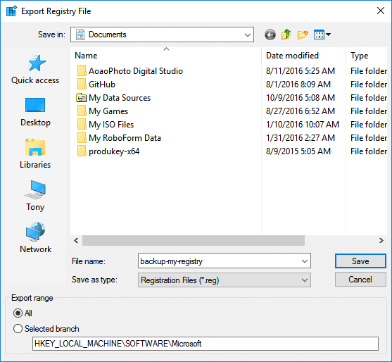 Backup Windows Registry