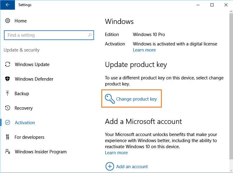 Change product key in Windows 10