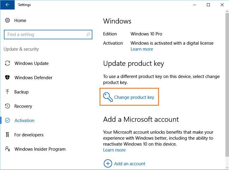 window 10 home to pro reset key