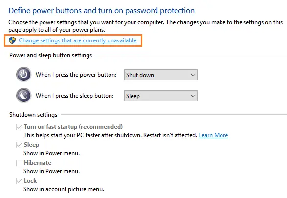Windows 10: Change settings of Power Options