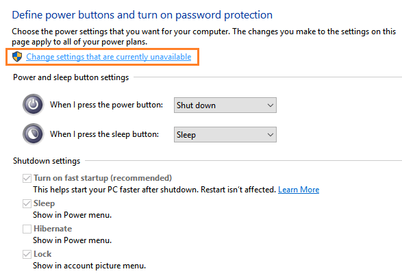 Windows 10: Change settings of Power Options