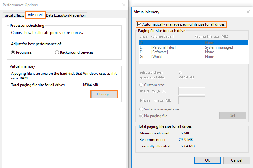 Change Virtual Memory settings to fix 100% disk usage Windows 10