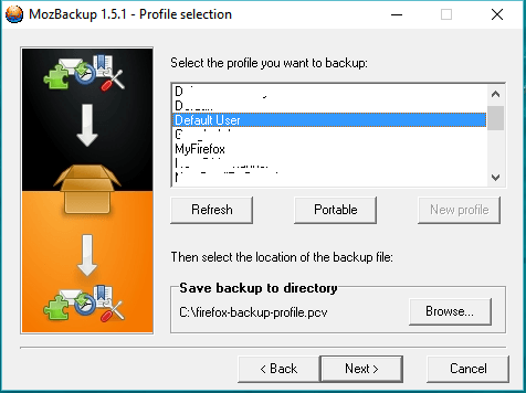 Choose Firefox profile to backup