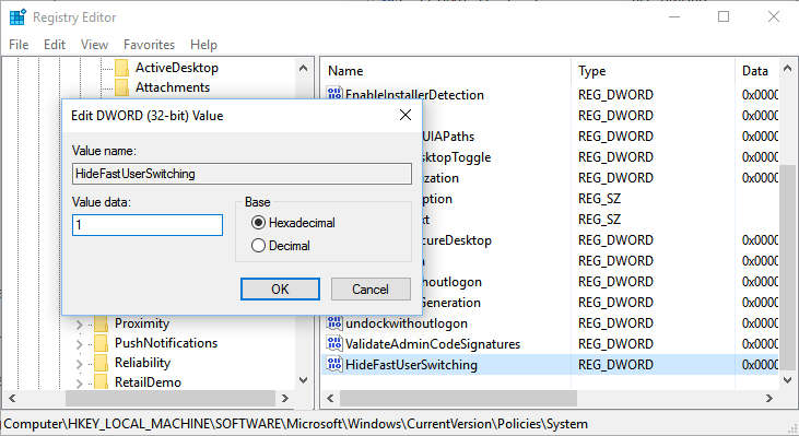 Disable Fast User Switching Windows 10
