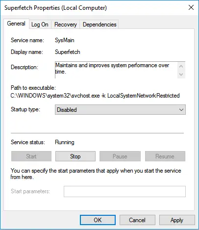 Disable Superfetch in Windows Service