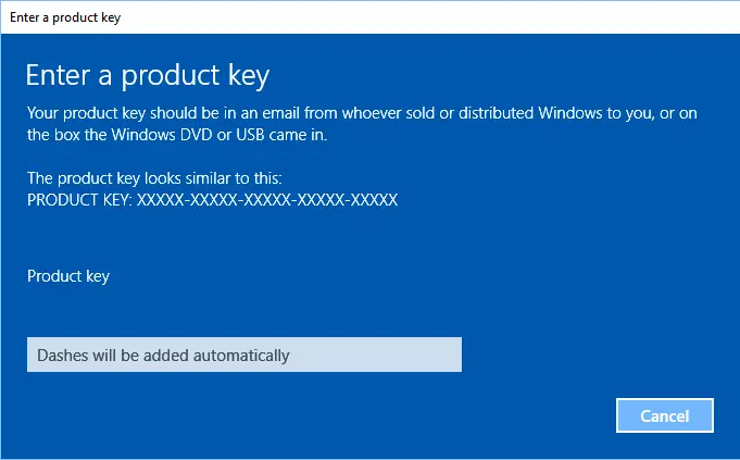 Enter a product key in Windows 10