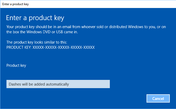 Enter a product key in Windows 10