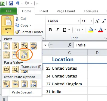 Excel transpose rows and columns