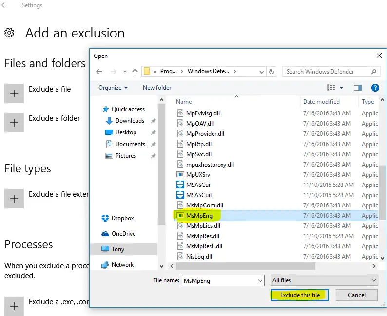 Exclude MsMpEng.exe from Windows Defender
