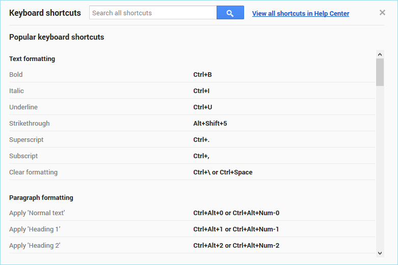 Keyboard shortcuts in Google Docs you can use