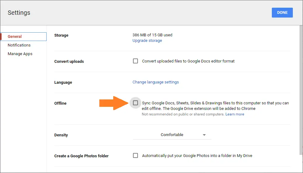 Preview of settings for google docs offline