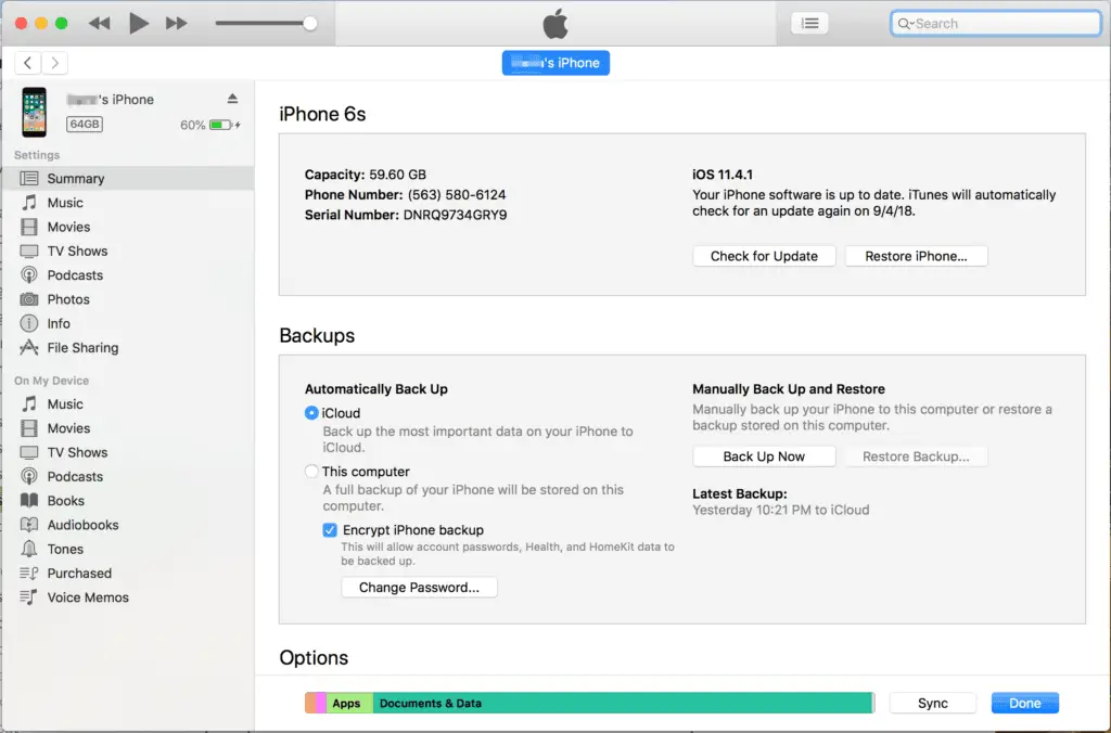 Screenshot of iTunes phone backup