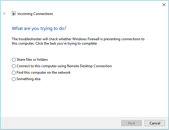 Incoming Connections Windows Troubleshooter