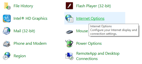 Windows 10 Internet Options