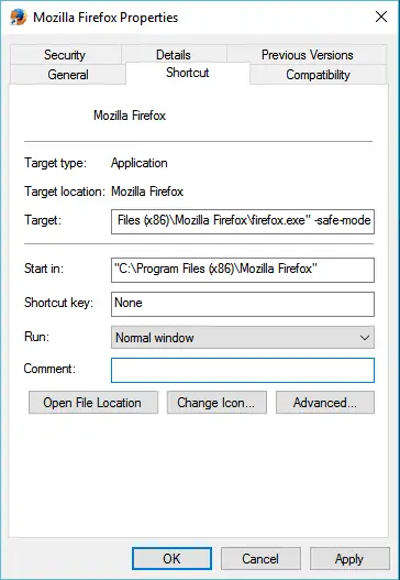 Add flag in Mozilla Firefox shortcut