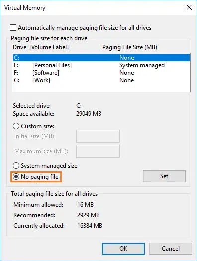 No paging file - Fix Windows 10 100% disk usage issue
