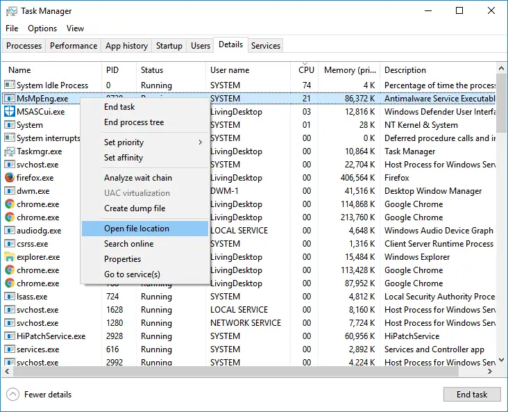 Open file location MsMpEng.exe