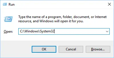 Open System32 folder with the Run diaglog