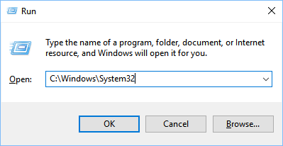 Open System32 folder with the Run diaglog