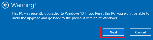 Reset Windows 10 Warning