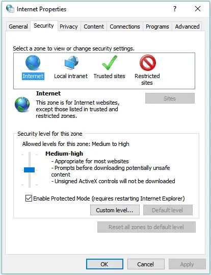 Change Security Level In Internet Options