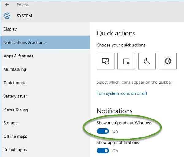 Disable "Show me tips about Windows" in Windows 10
