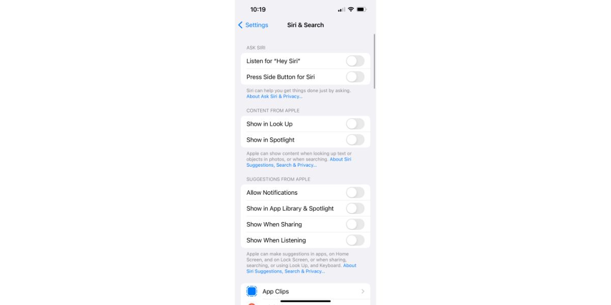 siri search settings on iphone 11