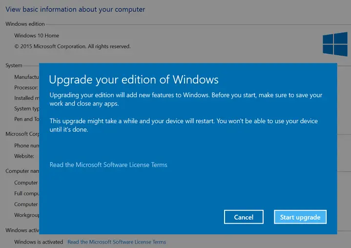 Start upgrade Windows 10 Home to Windows 10 Pro