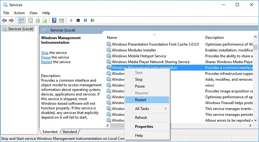 Restart WmiPrvSE.exe WMI Provider Host in Windows Services