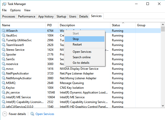 Services tab - Task Manager