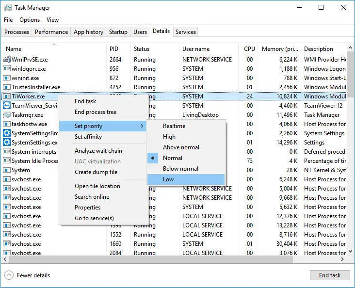 Set TiWorker.exe priority to Low