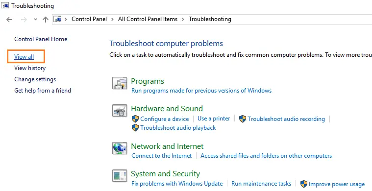View All Windows Troubleshooters