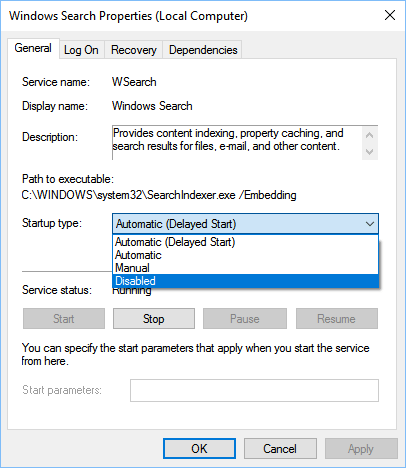 Windows 10: Disable Windows Search service