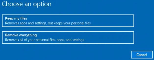 Reset Windows 10 Options